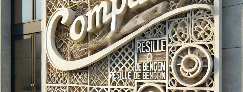 Photographie réaliste d'une enseigne d'entreprise fantaisiste en résille de béton avec des motifs géométriques complexes, montée sur une façade moderne et éclairée par une lumière naturelle, illustrant un design artistique et fonctionnel.