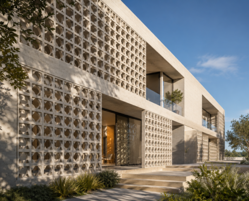 Façade moderne avec résille de béton ajourée créant des jeux d’ombre et de lumière sur un bâtiment contemporain