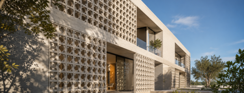 Façade moderne avec résille de béton ajourée créant des jeux d’ombre et de lumière sur un bâtiment contemporain